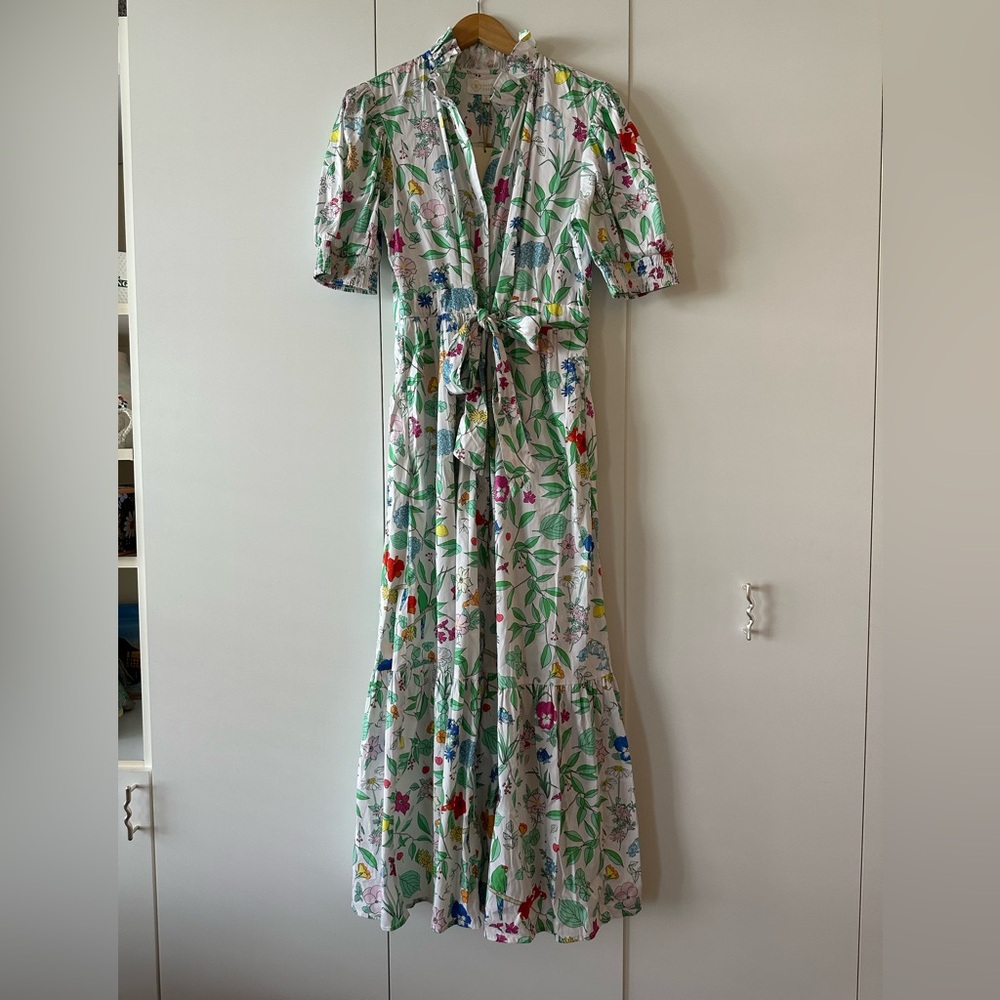 Floral White Maxi Dress with Green Leaf Print